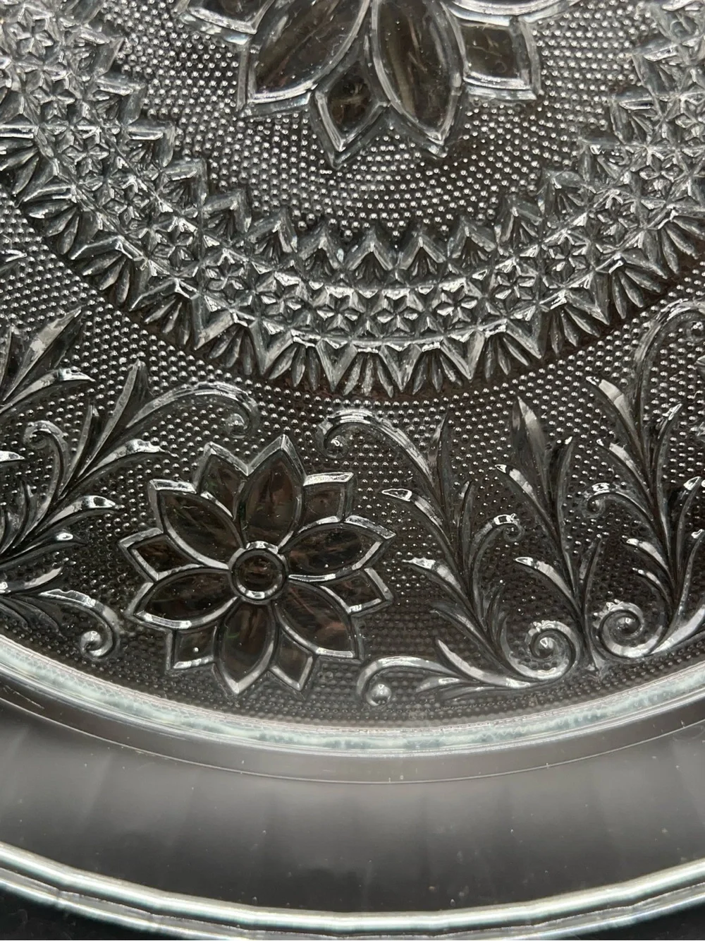 Vintage Heavy Pressed Glass Floral Serving Platter 13” Decorative Cake Plate